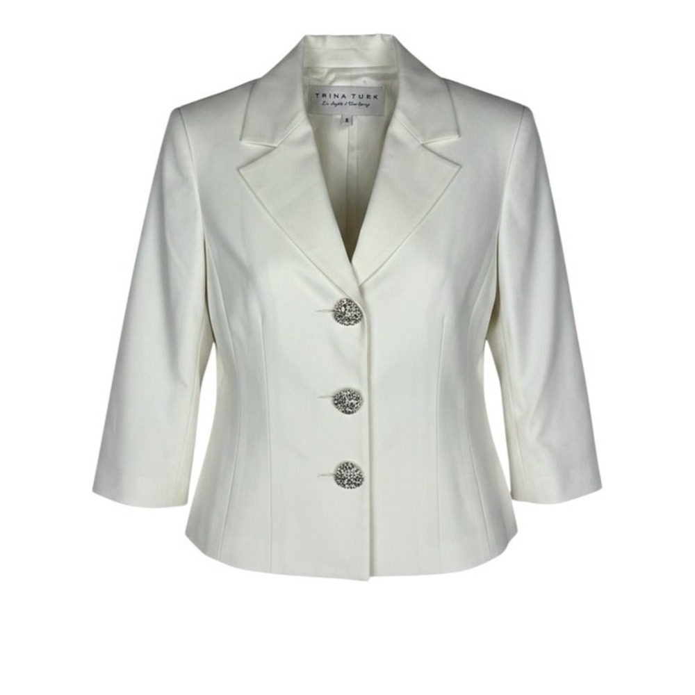 Trina Turk White Crystal Button Blazer 3/4 Sleeve Quiet Luxury Palm Springs Chic